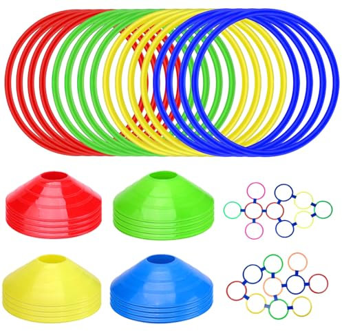 16 Stück Koordinationsringe mit 16 Stück Markierungshütchen Koordinationsleiter Schnelligkeitstraining Set mit Netztasche, Fußballmützen-Set Fußball Koordinationsreifen