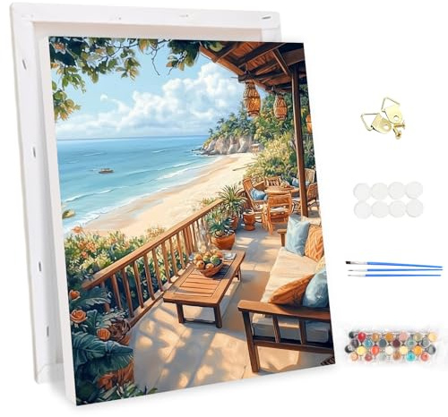 MEIYUDA Pintar por Numeros Adultos con Marco Vistas al Mar, Flores DIY Painting by Numbers Kits Cuadros por Numeros, Pintura de Bricolaje Sobre Lienzo con Pinceles Decoración para el Hogar 30x40cm