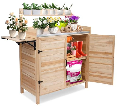 Kalolary Große hölzerne Pflanzbank Keimwerkbank mit 2 Schubladen und Schrank Gartenarbeitsplatz Pflanzarbeitsplatz Gartenarbeitstisch Aufbewahrungstisch (Holz, Large)