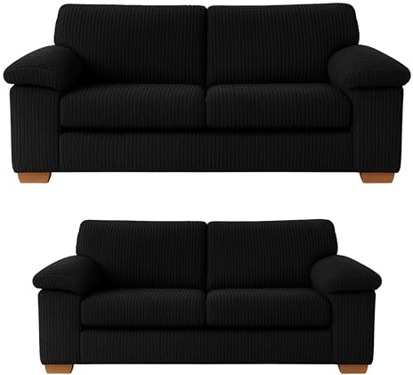 SOFASELECTIONUK LTD Jumbo Cord 3+2 Seater Sofa Set: Redefine Your Living Space with Luxurious Comfort & Timeless Style – Deep Cushions, Sturdy Build & Ultra-Soft Fabric (Black, 3+2 Seater)