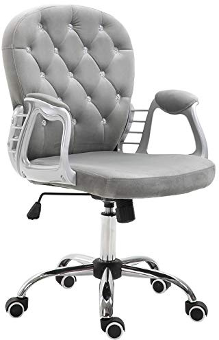Vinsetto Silla de Oficina Silla de Escritorio Giratoria Tapizada en Terciopelo con Altura Ajustable Reposabrazos y Decoraciones de Diamantes Carga 120 kg para Estudio Dormitorio Gris