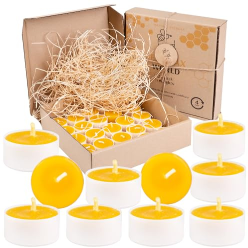 BeesWax World 100% bivaxljus – bivaxvärmeljus med bomullsvekar – 4 timmars brinntid – 10–50 delars ljusset – bivaxljus med återvunnen plast (25, plast)