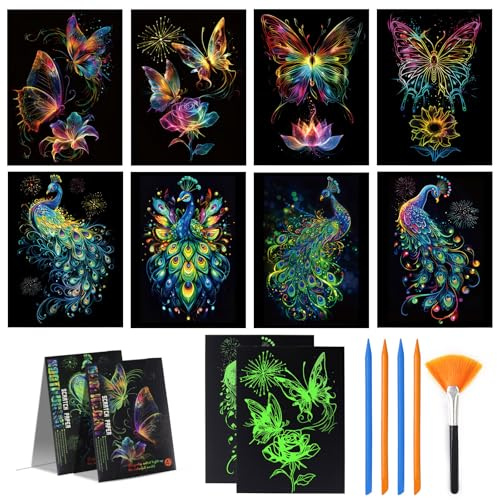 Pack of 13 Scratch Paper Craft Sets A4 for Children, Creative DIY Scratch Art Set, Glow in the Dark Scratch Tools Kit Includes 8 Scratch Pictures, 4 Scratch Pens and 1 Flat Brush (Whale Butterfly