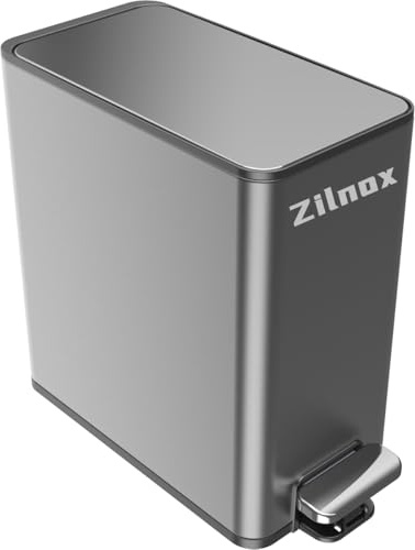 Zilnox Badsoptunna 6L, rektangulär sophink med lock rostfritt stål, smal papperskorg med inre hink avfallsbehållare för badrum, sovrum, studierum (silver)