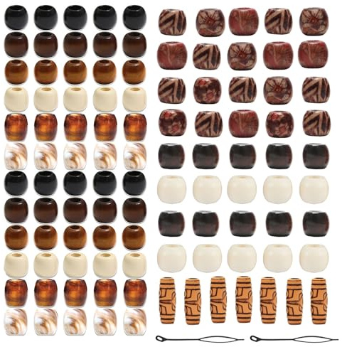 Zosutetoxo 120 pièces de perles en bois pour cheveux : Accessoires en bois naturel avec perles tubulaires et bracelets, Bijoux de cheveux polyvalents pour tresses et dreadlocks chez femmes et hommes