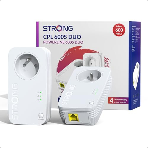 STRONG CPL AV600 Mbps, Prise Intégrée, Box CPL HomePlug AV2, Plug & Play, Compatible avec Toutes Les Box, Port Ethernet 100 Mbps, Mode économie d’énergie, Idéal pour Multi-TV, PC, Kit de 2 (PL600S)