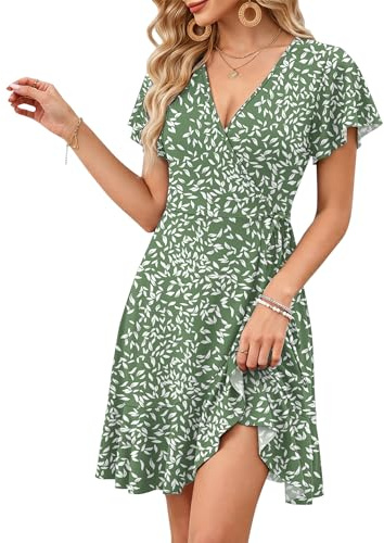 WNEEDU Women's Summer V Neck Ruffle Sleeve Dress | Ruffle Short Sleeve,Empire Waist,Irregular Hem,Drawstring Wrap Dress