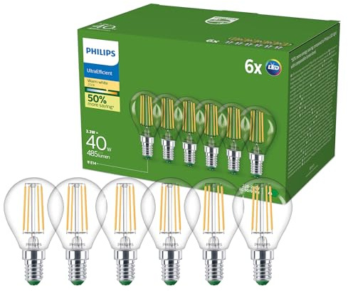Philips UltraEfficient Bombilla LED, paquete de 6, P45, E14, 485 Lúmenes, 40 W, EyeComfort, Larga Duración, Luz Blanca Cálida 2700 K, Diseño Clásico, Bombilla Bajo Consumo Transparente