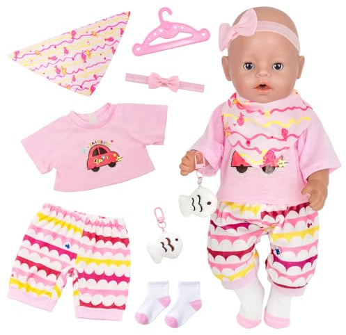 7 Pcs Cartoon Baby Doll Clothes for 14-18 Inch Baby Dolls, Pink Doll Clothes Outfits with Short Top Shorts Bib Plush Toy Hanger Socks Headband Compatible with New Born Baby Accessories Kids Gifts