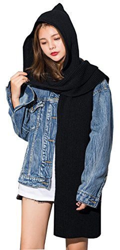 Maleroads Women Girl Winter Hooded Scarf Lady Soft Cable Knitted Earflap Scarf Headscarf Neckwarmer Hoodie Hat
