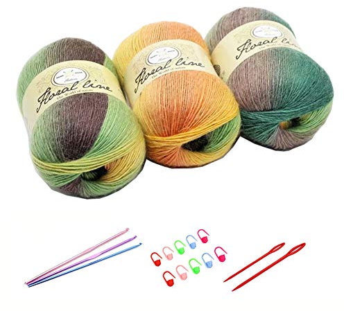 YAMEE 3 Stück 100 g Handstrickgarn Farbverlauf Wolle zum Stricken Farbverlaufswolle Häkelgarn Stricken Garn Hand Gestrickt Garn Weberei Garn mit Häkelhaken und Häkelgarn Set