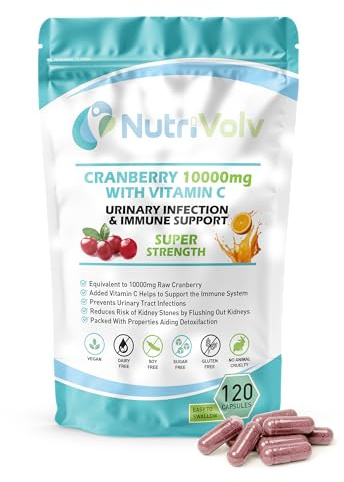Nutrivolv Cranberry 10000mg & Vitamin C | Supports Urinary Health, Cystitis Treatment & Bladder Health | High Strength Cranberry Extract with Vitamin C for Immune Support | 120 Capsules
