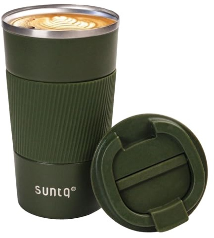 SUNTQ Kaffeebecher to go Thermo aus Edelstahl - Thermobecher mit Gummierte Manschette Doppelwand Isoliert - Kaffeetasse mit Auslaufsicherem Deckel Wiederverwendbar 510ml Grün
