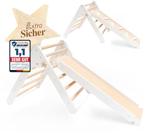 Kids Woody Star® Kletterdreieck mit Rutsche/Sprossenleiter 2in1 Set [EXTRA SICHER] Klettergerüst Indoor ab 1 Jahr | Pikler Dreieck Kletterbogen | Montessori Spielzeug | Klappbar