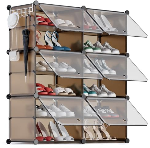 YIHATA Zapatero, 12 Compartimentos (2 x 6) para 24 Pares, Armario Paneles de Plástico, para Dormitorio Sala de Estar, Recibidores, Marrón, Modular, Estantería, 30 x 40 x 30 cm Cada Cubo