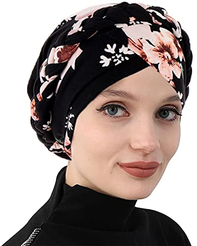 WUERKIYA Cappello turbante da donna Sciarpa per capelli Foulard da donna musulmana per perdita di capelli Cancro Chemio Beanie - Fiore nero