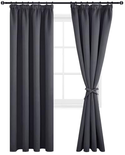 DWCN Dark Grey Curtain Blackout Curtains for Bedroom Thermal Insulated Curtain Pencil Pleat Window Curtains for Living Room with Tiebacks 66 x 90 inch Length, Dark Grey, 2 Panels