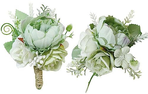 MAFELOE 2 Pieces Artificial Wrist Corsage and Boutonniere Set, Groom Groomsmen Bride Bridesmaids Wedding Flowers Accessories Prom Party Suit Decorations - Light Green