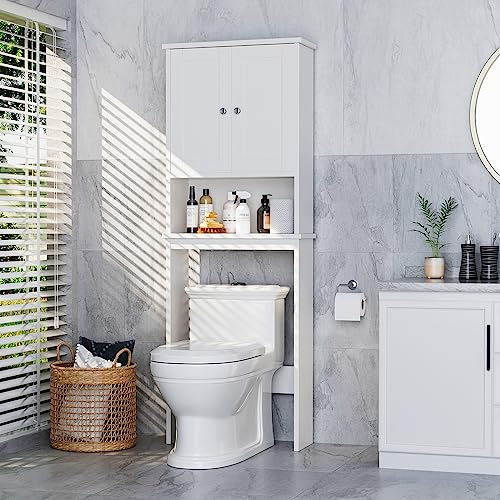 Meilocar Over the Toilet Storage Cabinet, Bathroom Storage Organizer Over Toilet, Space Saver W/Adjustable Shelf & Open Shelf, White