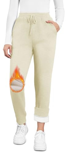 Vinterbyxor för kvinnor med sherpafoder, dam sportbyxor med hög termisk midja joggingbyxor för kvinnor med varma byxor för vintern joggare med fickor och dragsko, #2 Khaki – avsmalnande fåll, M