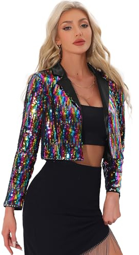 Allegra K Giacca con Paillettes da Donna Cardigan con Colletto a Bavero da Festa Aperto sul Davanti Blazer Corto Scintillante da Festival per Halloween Multicolore S