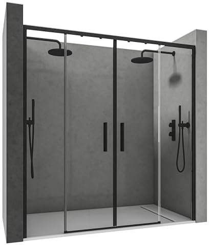 NEBADOON | Mamparas de Ducha - 2 Fijos + 2 Puertas Correderas - Mamparas de Ducha Corredera con Cristal Templado 6 mm Antical - Perfilería Negro Mate - 164 a 166cm Ancho Adaptable 4cm x 195cm (Alto)