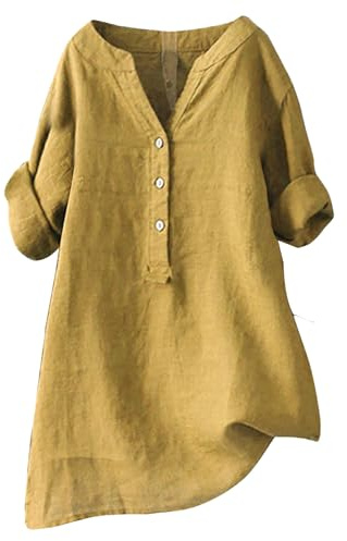 Linneskjorta Damer Sommar - V-Ringning Långärmad Blus i Linne, Stora Storlekar, Elegant Lång Oversize Skjorta Casual