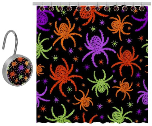 VAPOKF Tenda da doccia con stampa di ragni spettrali di Halloween, set di tende da doccia in poliestere con 12 ganci in acciaio inossidabile, tenda da doccia rustica per il bagno della fattoria 182 x
