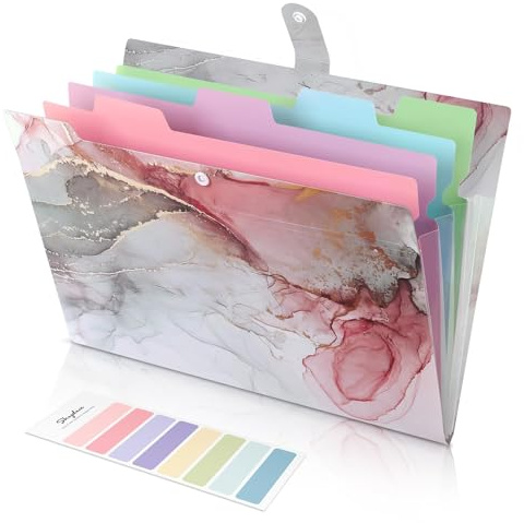 SKYDUE Ordnungsmappe A4, Mappe Mit Fächern, Dokumentenmappe Mit Etiketten, Postmappe Mappen Ordnersystem, Fächermappe Für Zuhause, Büro, Schule Und Auf Reisen (Marmorweiß)