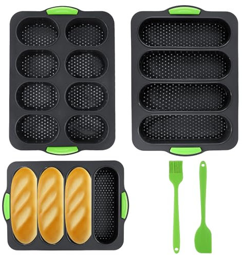 LUCKNIGHT Brötchen Backform, Silikon Baguette Backform Baguette Backblech Antihaft Baguetteform Brotbackformen Baguetteblech Backen mit 4, 8 Steckplätzen Spatel und Ölpinsel, 34 x 24 x 2.5 cm, 2 Stück