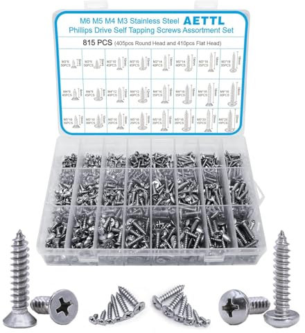 M6 M5 M4 M3 Wood Screws Assortment Kit,815pcs Metric Stainless Steel Assorted Self Tapping Screws Set Truss Flat Pan Head Phillips Drive Drilling for Deck Drywall Concrete Sheet Metal