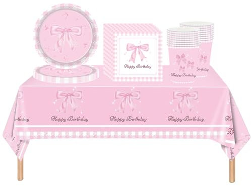 61Pcs Pink Bowknot Birthday Tableware Decorations Sets for Her Party Decor,Bowknot Table Cloth Decoration Paper Cups Napkins Plates,Bow Paper Dinnerware for Girls Her Baby shower Wedding Party