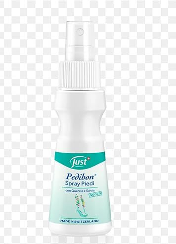Just Pedibon fotspray, deodorant och skyddande lotion, uppfriskande formel med mousserande doft, tillverkad i Schweiz