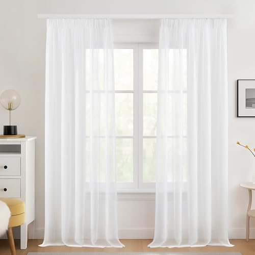 Deconovo Tende per Interni Trasparenti e Decorative con Nastro Arricciato – Set di 2 Tende Voile Leggero e Moderno per Camera da Letto, Soggiorno, Finestre, 140x280 cm, Bianco