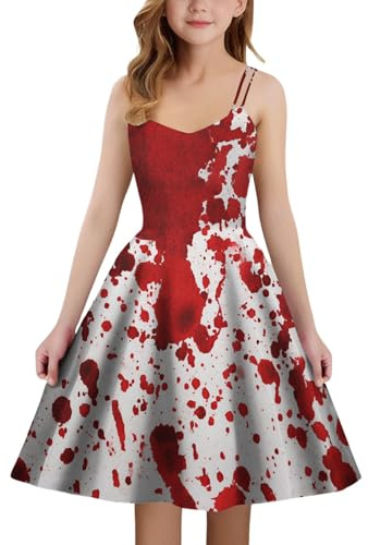 Robe d'Halloween médiévale pour fille - Costume de fête gothique - Élégante robe de soirée trapèze - Sans bretelles - Imprimé tacheté de sang - Fête des enfants - Carnaval - Cosplay (blanc, 11-12 ans)