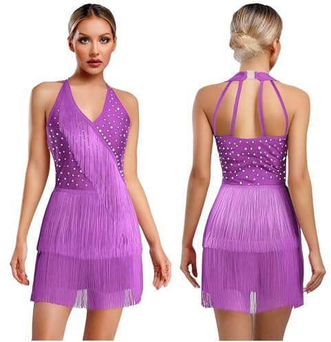 Jhaoyu Women's Fringe Bodysuit Tassel Latin Jazz Dance Leotard Dress Rhinestone Competition Dancewear Purple M
