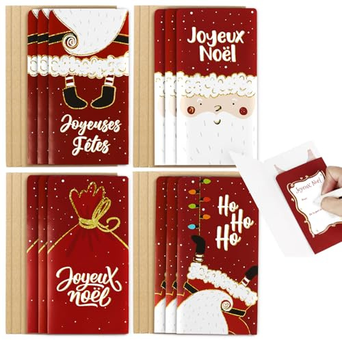 BETESSIN Lot de 12 Joyeux Noël Cartes de Vœux avec Enveloppe Christmas Cards Pack en français Motif Père Noël 9,2x17cm
