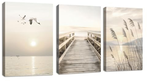 3 Pcs Beige Bord de Mer Paysage Tableau Decoration Murale Avec Cadre Coucher Doleil Mer Paysage Impression Sur Toile Roseaux Pont Mouettes Affiche Peintures Decoration Chambre Maison Bureau 30x40cmx3