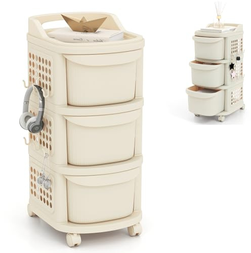 HOMASIS Rollwagen mit 3/4 Schubladen, Pegboard, Griff & 6 Haken, schmale Aufbewahrungswagen auf Rollen, Küchenwagen Servierwagen Rollcontainer Schubladenwagen für Bad Küche Büro, Weiß (3 Ebenen)