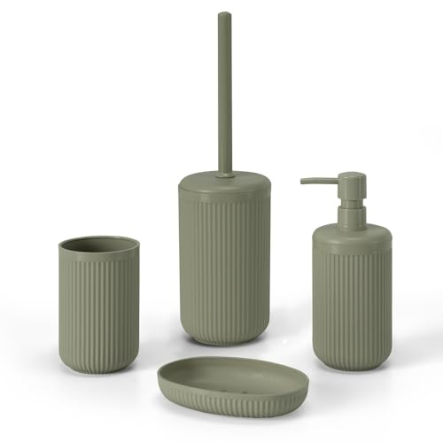 Set Accessori Bagno Completo 4 Pezzi Verde Cannettato Con Dispenser, Porta Spazzolini, Porta Saponetta E Portascopino – Linea Arizona