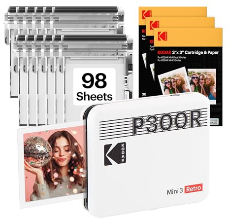 KODAK Mini 3 Retro 3x3'' Portable Photo Printer, 98 Sheets, Bluetooth Smartphone Printer for iOS & Android, Instant Color Prints, 4PASS Dye Sublimation, White