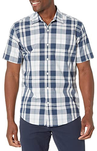 Amazon Essentials Chemise en Popeline à Manches Courtes Coupe Régulière Homme, Bleu Marine Blanc Grand Plaid, L