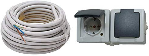 Kopp Mantel-Leitung 3 adrig, NYM-J 3x1.5 mm² (10m) Strom-Kabel für feste Verlegung, 300V/500V, elektrische Leitung für Feuchtraum, grau & Nautic Steckdose für Feuchtraum,250V (16A), grau