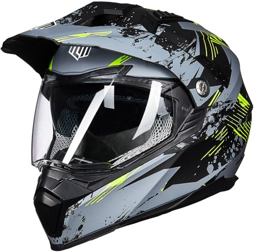 ILM Casco Moto Hombre Mujer Motocross - Casco Integral Moto Doble Visera Certificado ECE Modelo 606V,Gris Amarillo,XXL