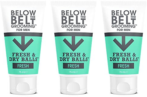 Below The Belt Grooming Fresh & Dry Ball, Desodorante Íntimo y Crema Anti-Rozaduras para Hombres, Protege contra el Sudor, el Olor y la Rozadura, Fragancia Fresca, 3 x 75 ml.