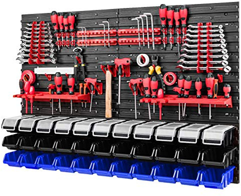 Mur à outils – 1152 x 780 mm – Système de rangement – Panneau perforé avec porte-outils et boîtes empilables avec couvercle – Étagère murale, étagère d'atelier, casiers de rangement (noir/bleu)