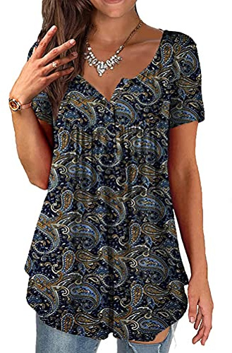 ORANDESIGNE T-Shirt Femme Fleurs Col en V Haut D'été Décontracté Ample Grande Taille Tuniques Hauts Chemise Longue Chemisier Surdimensionné Haut à Manches Courtes A Bleu Marin 3XL