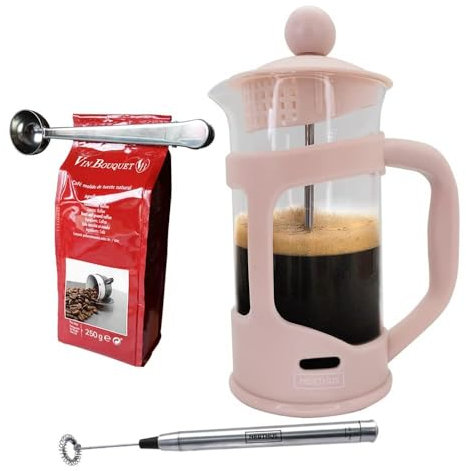 Nerthus SET FIH 1131 Macchina da caffè francese a pistone 350ml. rosa + pinze e cucchiaio + miscelatore per il latte