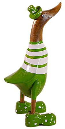 ART-CRAFT Figura di Anatra Corrente in Legno per Decorazione da Giardino Realizzata in Radice di Bambù e Legno di Teak, Anello Verde Dipinto a Mano, Altezza 25 cm