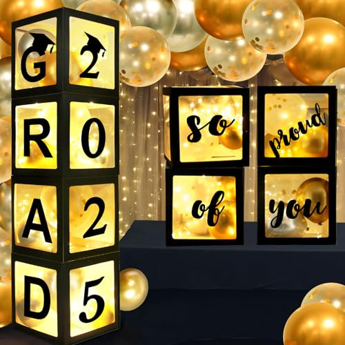Black Graduation Party Decorations Class of 2025 Grad Balloon Boxes with 24 pcs Balloons & 4 LED Light Strings and Letters 2026 GRAD & So Proud of You - Congrats Grad Party Decorations for Any Grades